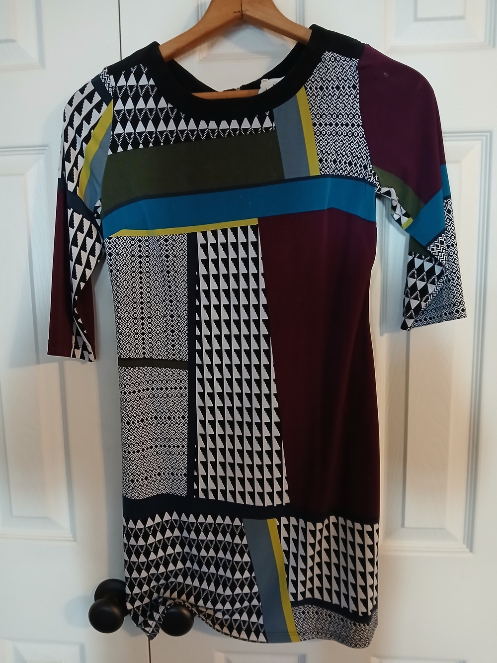 Geometric Block 3/4 Sleeve Tunic Top - Plum Multi